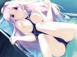 Rule 34 | 1girl, between breasts, breasts, breasts out, game cg, goggles, hitomi yomi, nipples, nude, one-piece swimsuit, original, pink hair, solo, sukumizu 2, swimsuit, wet