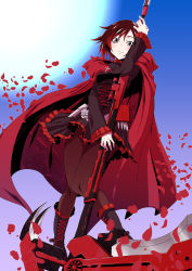 Rule 34 | 1girl, black dress, black footwear, black hair, boots, breasts, cape, crescent rose, dated, dress, full body, gradient background, grey eyes, hair between eyes, highres, holding, holding weapon, long hair, long sleeves, medium breasts, miniskirt, multicolored hair, pantyhose, red hair, red ribbon, ribbon, ruby rose, rwby, scythe, short hair, skirt, smile, solo, weapon
