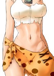 Rule 34 | 1girl, 370ml, breasts, cleavage, close-up, commentary request, head out of frame, jewelry, kemono friends, medium breasts, midriff, navel, necklace, orange sarong, print sarong, sarong, serval (kemono friends), serval print, shiny skin, shirt, simple background, single-shoulder shirt, solo, standing, stomach, torn clothes, torn shirt, white background, white shirt