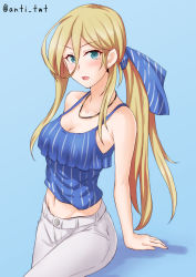Rule 34 | 1girl, alternate costume, alternate hairstyle, anti (untea9), arm support, bare shoulders, blonde hair, blue eyes, blush, breasts, casual, cleavage, collarbone, commentary request, cowboy shot, denim, frills, hair between eyes, hair ribbon, highres, jeans, jewelry, kantai collection, large breasts, long hair, looking at viewer, midriff, mole, mole under eye, mole under mouth, navel, necklace, open mouth, pants, ponytail, ribbon, richelieu (kancolle), simple background, solo, standing, twitter username