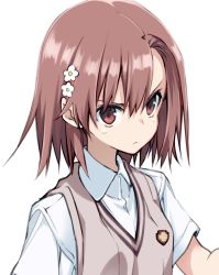 Rule 34 | 10mo, 1girl, brown eyes, brown hair, clothes lift, commentary request, dress, dress lift, flower, hair flower, hair ornament, highres, looking at viewer, misaka mikoto, school uniform, shirt, simple background, solo, sweater vest, toaru kagaku no railgun, toaru majutsu no index, tokiwadai school uniform, tsurime, upper body, v-neck, white background, white shirt