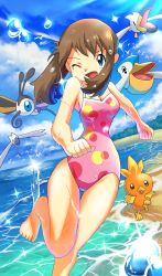 Rule 34 | 1girl, barefoot, beach, beautifly, blue eyes, blue sky, breasts, brown hair, clenched hands, cloud, creatures (company), feet, game freak, gen 3 pokemon, highres, hip focus, light particles, may (pokemon), medium breasts, nintendo, ocean, one-piece swimsuit, one eye closed, paraiso551, pelipper, pink one-piece swimsuit, pokemon, pokemon (anime), pokemon (creature), pokemon rs019, pokemon rse (anime), polka dot, polka dot swimsuit, short hair, short hair with long locks, sky, smile, solo, sparkle, splashing, swimsuit, torchic, water, water drop, wingull