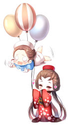 Rule 34 | 2girls, balloon, blue capelet, blush stickers, braid, brown hair, capelet, chibi, closed eyes, commentary request, emily dyer, floral print, forehead, hat, heart, holding, holding balloon, identity v, japanese clothes, kimono, long hair, long sleeves, low twintails, michiko (identity v), mini hat, multiple girls, nurse cap, o o, obi, open mouth, parted bangs, print kimono, red headwear, red kimono, sash, simple background, skirt, sleeves past wrists, standing, teardrop, tempy (rinsia), twintails, very long hair, wavy mouth, white background, white footwear, white headwear, white skirt, wide sleeves