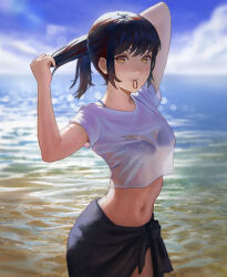 Rule 34 | 1girl, beach, bikini, bikini skirt, black skirt, blue bra, blue hair, blue sky, blurry, blurry background, bra, bra strap, bra visible through clothes, breasts, closed mouth, cloud, cloudy sky, commentary, cowboy shot, crop top, dark blue hair, day, depth of field, emknov, english commentary, hair tie in mouth, hands up, highres, horizon, looking at viewer, medium breasts, medium hair, mouth hold, navel, ocean, original, outdoors, ponytail, see-through, see-through shirt, shirt, short sleeves, sidelocks, skirt, sky, solo, swimsuit, tying hair, underwear, water, wet, wet clothes, wet shirt, white shirt, yellow eyes