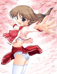 Rule 34 | 00s, 1girl, blue eyes, blue panties, blush, bow, bra, brown hair, clothes lift, from side, hair ornament, hase yu, komaki ikuno, lingerie, miniskirt, outstretched arms, panties, pink bow, school uniform, serafuku, shirt lift, skirt, skirt lift, smile, solo, spread arms, standing, striped clothes, striped panties, thighhighs, to heart (series), to heart 2, underwear, white bra, white thighhighs, wind, wind lift