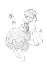 Rule 34 | 1girl, aki minoriko, blush, dress, falling leaves, female focus, from side, greyscale, hat, leaf, long sleeves, monochrome, profile, short hair, simple background, solo, touhou, white background, wide sleeves