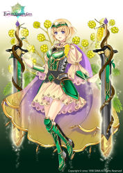 Rule 34 | 1girl, acacia (flower knight girl), armor, armored dress, blonde hair, boots, cape, circlet, city forest online, flower, flower knight girl, full body, gradient background, green armor, green background, green footwear, knee boots, looking at viewer, armored boots, name connection, object namesake, official art, purple eyes, see-through, short hair, skirt, smile, solo, standing, sword, weapon, white background, yellow skirt