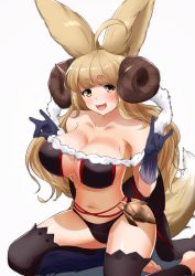 Rule 34 | 1girl, :d, ahoge, anila (granblue fantasy), animal ears, bare shoulders, barefoot, bikini, black bikini, black gloves, black thighhighs, blonde hair, blush, breasts, cleavage, collarbone, cosplay, draph, eyebrows, fox ears, fox shadow puppet, fox tail, fur trim, gloves, granblue fantasy, horns, large breasts, long hair, looking at viewer, navel, open mouth, sheep horns, short eyebrows, sitting, smile, solo, sweatdrop, swimsuit, tail, takitsubo, thick eyebrows, thighhighs, very long hair, yellow eyes, yuel (granblue fantasy), yuel (granblue fantasy) (cosplay)