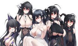 Rule 34 | 5girls, aegir (azur lane), aegir (azur lane) (cosplay), azur lane, bare shoulders, black gloves, black hair, black headband, black horns, blush, bodystocking, breast curtains, breast cutout, breasts, center cross lace, center opening, cleavage, clothing cutout, cocktail dress, commentary request, cosplay, covered navel, cross, cross earrings, curled horns, demon girl, demon horns, dress, earrings, elbow gloves, evening gown, fake horns, finger to mouth, flower, forward facing horns, gloves, habit, hair between eyes, hair flower, hair ornament, hair over one eye, hand on own cheek, hand on own face, headband, heart cutout, highres, hindenburg (azur lane), hindenburg (azur lane) (cosplay), horns, huge breasts, implacable (azur lane), implacable (azur lane) (cosplay), jewelry, large breasts, large horns, long hair, looking at viewer, multiple girls, nun, official alternate costume, plunging neckline, red eyes, revealing clothes, satin dress, see-through, see-through dress, simple background, sleeveless, sleeveless dress, stomach cutout, taihou (azur lane), taihou (temptation on the sea breeze) (azur lane), thighhighs, underboob, underboob cutout, unzen (azur lane), unzen (azur lane) (cosplay), very long hair, wedding dress, white background, white dress, white flower, white horns, white thighhighs, yorugami rei