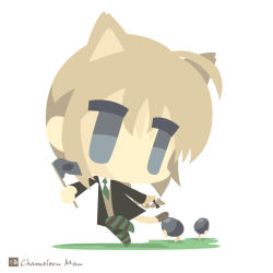 Rule 34 | 1girl, ahoge, animal ears, artist name, blonde hair, blue eyes, blueberry, bow, braid, cat ears, cat tail, chameleon man (three), chibi, flag, food, fruit, lynette bishop, military, military uniform, necktie, running, simple background, strike witches, striped legwear, tail, uniform, white background, world witches series