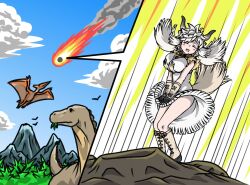Rule 34 | 1girl, acesrulez, animal ears, asteroid, black horns, blush, breasts, closed eyes, commentary, day, dinosaur, dress, dress tug, extra ears, floating hair, furrowed brow, gameplay mechanics, grey horns, horns, impossible clothes, impossible dress, kemono friends, kemono friends 3, knees together feet apart, large breasts, long hair, multicolored horns, open mouth, outdoors, ox ears, ox girl, ox horns, ox tail, parody, real life, shirt, short sleeves, smile, smoke, speed lines, standing, symbol-only commentary, tail, twintails, underbust, white dress, white hair, wind, wind lift, yak (kemono friends), yellow shirt