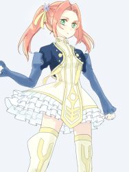 Rule 34 | 1girl, aqua eyes, boots, breasts, dress, eleanor hume, fingerless gloves, frills, gloves, hair ornament, jacket, long hair, orange hair, tales of (series), tales of berseria, thigh boots, thighhighs, twintails