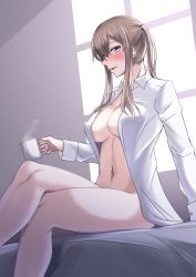 Rule 34 | 1girl, absurdres, bed, blonde hair, blush, breasts, commentary, cup, dress shirt, feet out of frame, graf zeppelin (kancolle), grey eyes, highres, kantai collection, large breasts, long hair, misono chiaki, mug, naked shirt, no bra, no panties, one-hour drawing challenge, open clothes, profile, shirt, sidelocks, sitting, solo, twintails, twitter username, window