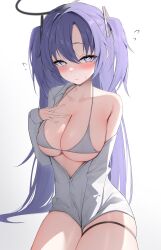 Rule 34 | 1girl, @ @, blue archive, blush, bra, breasts, cleavage, closed mouth, collarbone, cowboy shot, flying sweatdrops, grey bra, grey shirt, hair between eyes, halo, highres, large breasts, long hair, long sleeves, mechanical halo, nenight, partially unbuttoned, purple eyes, purple hair, shirt, solo, thigh strap, underwear, yuuka (blue archive)