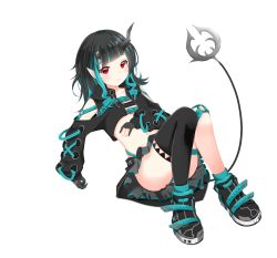 Rule 34 | 1girl, nanashi inc., absurdres, belt, belt bra, black footwear, black gloves, black hair, black jacket, black skirt, black thighhighs, blue belt, blue hair, blush, chest belt, closed mouth, clothing cutout, commentary request, cropped jacket, cross-laced clothes, cross-laced sleeves, demon girl, demon horns, demon tail, expressionless, fang, flat chest, full body, garter straps, gloves, grey skirt, highres, horns, jacket, kappo (irizuki), layered skirt, long hair, long sleeves, looking at viewer, midriff, multicolored hair, navel, open clothes, open jacket, partially fingerless gloves, pointy ears, red eyes, shishio chris, shoes, shoulder cutout, simple background, single thighhigh, skirt, sneakers, solo, sugar lyric, tail, thighhighs, two-tone hair, virtual youtuber, white background, zipper skirt