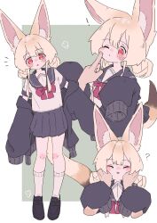 Rule 34 | 1girl, 1other, ?, absurdres, animal ear fluff, animal ears, black footwear, black jacket, blonde hair, blue sailor collar, blue skirt, blush, border, bow, cheek poking, closed eyes, closed mouth, commentary request, disembodied hand, double bun, fox ears, fox girl, fox tail, green background, hair bun, hands on another&#039;s cheeks, hands on another&#039;s face, highres, jacket, jacket partially removed, kneehighs, loafers, long sleeves, megateru, miniskirt, multiple views, nose blush, notice lines, one eye closed, open clothes, open jacket, original, outside border, pleated skirt, poking, puffy long sleeves, puffy sleeves, red bow, red eyes, sailor collar, sailor shirt, school uniform, serafuku, shirt, shirt bow, shoes, short hair, short sleeves, simple background, skirt, sleeve cuffs, sleeves past fingers, sleeves past wrists, socks, standing, tail, white border, white shirt, white socks