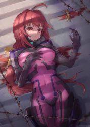 Rule 34 | ahoge, black gloves, blood, bodysuit, bow, breasts, covered navel, fortified suit, gloves, hair bow, highres, ito t20a, kagami sumika, long hair, looking at viewer, medium breasts, muv-luv, muv-luv alternative, open hand, pilot suit, pink bodysuit, ponytail, red eyes, red hair, skin tight, solo, yellow bow