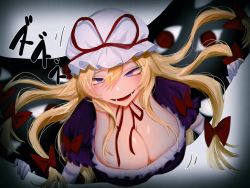 Rule 34 | 1girl, blonde hair, breasts, cleavage, dress, elbow gloves, excited, frilled dress, frills, gap (touhou), gloves, hat, hat ribbon, large breasts, long hair, looking at viewer, mob cap, open mouth, puffy short sleeves, puffy sleeves, purple dress, purple eyes, red ribbon, ribbon, sakana monyaka, short sleeves, simple background, sleeve ribbon, solo, teeth, touhou, upper body, white background, yakumo yukari