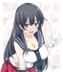 Rule 34 | 1girl, agano (kancolle), black eyes, black hair, black necktie, black sailor collar, breasts, cleavage, gakky, gloves, kantai collection, large breasts, leaning forward, long hair, looking at viewer, midriff, necktie, one-hour drawing challenge, open mouth, pleated skirt, red skirt, round teeth, sailor collar, school uniform, serafuku, shirt, skirt, sleeveless, sleeveless shirt, solo, teeth, upper teeth only, v, white gloves, white shirt