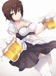 Rule 34 | 10s, 1girl, alcohol, apron, beer, black dress, breasts, cleavage, closed mouth, cowboy shot, cup, dirndl, dress, dutch angle, frills, froth, garter straps, german clothes, girls und panzer, highres, holding, lace, lace-trimmed legwear, lace trim, light smile, looking at viewer, medium breasts, mug, nishizumi maho, puffy short sleeves, puffy sleeves, short dress, short hair, short sleeves, solo, standing, thighhighs, underbust, white background, white thighhighs, yamaori