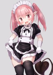 Rule 34 | 1girl, black dress, black thighhighs, blush, demon girl, demon tail, dress, fang, frilled dress, frills, gloves, grey background, hair between eyes, head tilt, highres, long hair, looking at viewer, maid, maid headdress, mochiyuki, open mouth, original, pink hair, pointy ears, puffy short sleeves, puffy sleeves, red eyes, short sleeves, simple background, skirt hold, solo, tail, thighhighs, translation request, twintails, white gloves