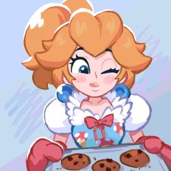 Rule 34 | 1girl, 482egg, absurdres, apron, baking, blonde hair, blue apron, blue background, blue eyes, blush stickers, bow, breasts, chocolate chip cookie, closed mouth, cookie, earrings, eyelashes, food, food print, fur trim, highres, holding, holding tray, jewelry, licking lips, lips, looking down, mario (series), mittens, mushroom print, nintendo, one eye closed, oven mitts, pink bow, pink mittens, ponytail, princess peach, print apron, puffy short sleeves, puffy sleeves, short sleeves, small breasts, smile, solo, super mario bros. 1, tongue, tongue out, tray, upper body, white sleeves