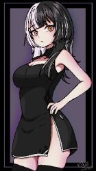 Rule 34 | 1girl, :&lt;, absurdres, artist name, bare shoulders, black border, black collar, black dress, black hair, black thighhighs, blunt bangs, border, breasts, collar, collarbone, commentary, dated, dress, english commentary, grey background, hand on own hip, highres, hololive, hololive english, large breasts, long hair, looking at viewer, multicolored hair, pixel art, risha, shiori novella, side slit, signature, simple background, skindentation, split-color hair, thighhighs, two-tone hair, virtual youtuber, white hair, yellow eyes