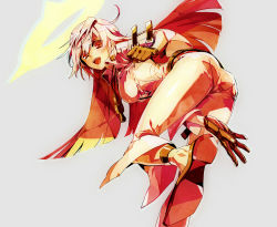 Rule 34 | 1girl, ass, belt, bodysuit, breasts, spiked halo, fingernails over gloves, gloves, guilty gear, guilty gear xrd, halo, highres, jack-o&#039; valentine, long hair, looking at viewer, multicolored hair, pantylines, red eyes, red hair, smile, solo, suzunashi, two-tone hair, white hair