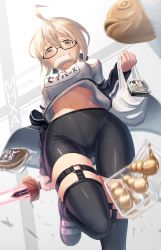 Rule 34 | 1girl, ahoge, artoria pendragon (fate), bag, baozi, bike shorts, black-framed eyewear, black thighhighs, blush, character name, coat, excalibur (fate/stay night), fate/grand order, fate (series), food, food on face, from below, glasses, gym shirt, hair between eyes, highres, holding, holding sword, holding weapon, jacket, leg up, looking at viewer, looking down, mouth hold, mysterious heroine x alter (fate), mysterious heroine x alter (second ascension) (fate), navel, open clothes, open coat, plastic bag, semi-rimless eyewear, shirt, solo, suraimu (suraimuraimu), sword, taiyaki, thighhighs, track jacket, under-rim eyewear, wagashi, weapon, yellow eyes