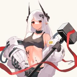 Rule 34 | 1girl, arknights, black collar, black shirt, coat, collar, demon horns, ear piercing, elite ii (arknights), grey background, hair ornament, highres, holding, holding weapon, horns, infection monitor (arknights), long hair, looking at viewer, material growth, midriff, mudrock (arknights), mudrock (elite ii) (arknights), navel, onkyi, open clothes, open coat, oripathy lesion (arknights), piercing, pointy ears, red eyes, red ribbon, ribbon, shirt, simple background, solo, upper body, war hammer, weapon, white coat, white hair