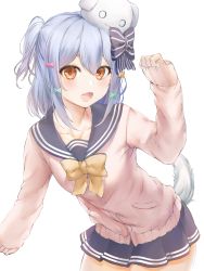 Rule 34 | 1boy, black bow, blue hair, blush, bow, cardigan, commentary, cowboy shot, crossdressing, dog hair ornament, dog tail, hair bow, hair ornament, highres, inuyama tamaki, long sleeves, looking at viewer, male focus, marulire, miniskirt, noripro, open mouth, original, pink bow, pink cardigan, simple background, skirt, sleeves past wrists, smile, solo, striped, striped bow, tail, trap, tsukudani norio channel, virtual youtuber, white background, yellow bow