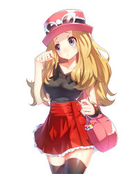 Rule 34 | 10s, 1girl, bag, bag charm, bare arms, black thighhighs, blonde hair, breasts, charm (object), creatures (company), game freak, goggles, goggles on headwear, hand in own hair, hat, highres, long hair, looking away, medium breasts, nintendo, pokemon, pokemon xy, ririko (zhuoyandesailaer), serena (pokemon), skirt, solo, thighhighs, wristband