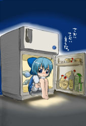Rule 34 | circled 9, 1girl, :t, bad id, bad pixiv id, barefoot, blush, chibi, cirno, feet, in container, in refrigerator, hugging own legs, masakichi (heppouku), panties, pantyshot, refrigerator, sketch, solo, tears, embodiment of scarlet devil, toes, touhou, translation request, underwear
