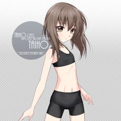 Rule 34 | 1girl, artist name, bike shorts, black bike shorts, black bra, black shorts, blush, bra, brown eyes, brown hair, character name, checkered background, collarbone, commentary request, cowboy shot, eyes visible through hair, flat chest, gradient background, grey background, hair between eyes, inaba shiki, kantai collection, looking at viewer, midriff, navel, one-hour drawing challenge, short hair, short hair with long locks, shorts, simple background, solo, sports bra, standing, taihou (kancolle), underwear