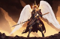 Rule 34 | 1girl, adepta sororitas, angel wings, armor, boobplate, breastplate, chain, cj-backman, commentary, english commentary, explosion, fleur-de-lis, full armor, full body, greaves, halo, helmet, highres, holding, holding spear, holding weapon, imperium of man, pauldrons, pelvic curtain, polearm, power armor, purity seal, shoulder armor, adepta sororitas, skull, solo, spear, standing, warhammer 40k, weapon, white wings, wings