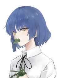 Rule 34 | 1girl, 87um, absurdres, black ribbon, blue hair, bocchi the rock!, collared shirt, commentary, eating, highres, holding, looking at viewer, mole, mole under eye, mouth hold, neck ribbon, ribbon, shirt, short hair, simple background, solo, upper body, white background, white shirt, yamada ryo, yellow eyes