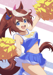 Rule 34 | 1girl, absurdres, animal ears, arm up, armpits, blue eyes, blue footwear, blue shirt, blue skirt, bow, breasts, brown hair, cheerleader, commentary request, cowboy shot, ear ornament, foot out of frame, hair between eyes, highres, holding, holding pom poms, horse ears, horse girl, horse tail, kenshin1015, knees up, long hair, looking at viewer, midriff, multicolored hair, navel, open mouth, pink bow, pleated skirt, pom pom (cheerleading), pom poms, ponytail, shirt, shoes, skirt, small breasts, smile, sneakers, solo, streaked hair, striped, striped background, tail, teeth, tokai teio (umamusume), umamusume, upper teeth only, very long hair, white hair
