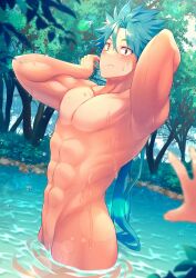 Rule 34 | 1boy, abs, absurdres, blue hair, blush, branch, closed mouth, completely nude, groin, hands in hair, highres, long hair, looking at viewer, male focus, no nipples, nude, original, outdoors, outstretched hand, pov, sagami jon, tree, water, wet