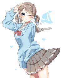 Rule 34 | 1girl, ;o, alternate hairstyle, arm up, blue eyes, blue hair, blue sweater, bow, bowtie, brown hair, cowboy shot, gradient hair, grey sailor collar, grey skirt, highres, long hair, long sleeves, looking at viewer, love live!, love live! sunshine!!, miniskirt, multicolored hair, nky4321, one eye closed, open mouth, pleated skirt, red bow, red bowtie, sailor collar, sailor collar lift, school uniform, short twintails, skirt, solo, standing, sweater, swept bangs, twintails, uranohoshi school uniform, watanabe you, white background