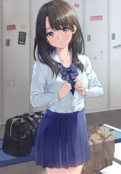 Rule 34 | 1girl, absurdres, bag, black hair, blue eyes, blue skirt, blush, bow, buttons, closed mouth, collarbone, competition school swimsuit, fingernails, food, highres, lips, locker, locker room, long hair, long sleeves, looking at viewer, original, pleated skirt, scan, school bag, school swimsuit, shirt, skirt, solo, sweat, sweatdrop, swimsuit, swimsuit under clothes, unasaka ryou, undressing
