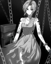 Rule 34 | 00s, 1girl, bare shoulders, black keys (type-moon), ceila, chain, ciel (tsukihime), greyscale, highres, monochrome, pile bunker, powered ciel, seventh holy scripture, short hair, solo, tattoo, torn clothes, tsukihime, weapon