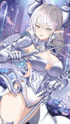 1girl absurdres armored_leotard blush breasts cleavage demon_girl demon_horns drill_hair dual_wielding duel_monster fang gauntlets gmg grey_eyes grey_hair hair_between_eyes highres holding holding_sword holding_weapon horns lady_labrynth_of_the_silver_castle large_breasts leotard looking_at_viewer lovely_labrynth_of_the_silver_castle pointy_ears solo sword weapon yu-gi-oh!