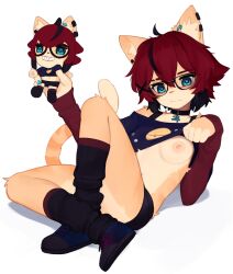 Rule 34 | 1girl, aeiou (yoako), ahoge, animal ear fluff, animal ears, animal nose, black-framed eyewear, black choker, black hair, black socks, blue eyes, body fur, breasts, cat ears, cat girl, cat tail, character doll, choker, clothes lift, commentary, crossed ankles, ear piercing, earclip, english commentary, furry, furry female, glasses, hair between eyes, hair ornament, highres, holding, holding stuffed toy, jupiter symbol, long sleeves, looking at viewer, loose socks, lying, multicolored hair, nail polish, nipples, no bra, on back, original, piercing, power symbol, power symbol-shaped pupils, reclining, red hair, shirt lift, shoes, short hair, simple background, small breasts, socks, solo, stuffed toy, symbol-shaped pupils, tail, two-tone hair, underwear, white background, x hair ornament, yoako