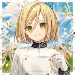 Rule 34 | 1boy, blonde hair, blue sky, character name, closed mouth, cloud, cloudy sky, commentary request, dated, day, eyebrows hidden by hair, fate/extra, fate (series), flower, gloves, green eyes, hair between eyes, highres, karokuchitose, leonard bistario harway, long sleeves, looking at viewer, male focus, petals, ribbon, shirt, single hair intake, sky, smile, solo, thick eyebrows, upper body, white flower, white gloves, white shirt, yellow ribbon