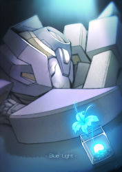 Rule 34 | 1girl, autobot, blue flower, commentary, english commentary, closed eyes, flower, glowing flower, lying, nautica (transformers), robot, solo, the transformers (idw), transformers, zoner