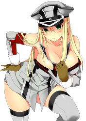 Rule 34 | 10s, 1girl, bismarck (kancolle), blonde hair, breasts, gloves, green eyes, grey thighhighs, hand on own hip, hat, highres, irie jun, kantai collection, large breasts, long hair, looking at viewer, simple background, solo, thighhighs, thighs