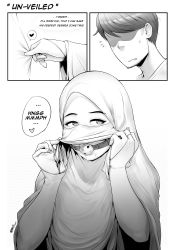 Rule 34 | 1boy, 1girl, ball gag, bridal gauntlets, comic, commentary request, english text, eyelashes, facial hair, gag, gagged, gagged (willingly), greyscale, heart, highres, hijab, husband and wife, lifted by self, lips, monochrome, muslim, nigaw, niqab, original, saliva, self exposure, solo focus, spoken heart, stubble, veil lift, wiffle gag