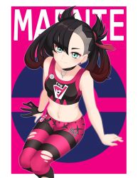 Rule 34 | 1girl, absurdres, asymmetrical bangs, bare arms, bare shoulders, black choker, black hair, border, breasts, character name, choker, closed mouth, collarbone, creatures (company), ear piercing, game freak, gloves, green eyes, hair ribbon, highres, looking at viewer, marnie (pokemon), midriff, navel, nintendo, official alternate costume, pants, pegasus arts, pendant choker, piercing, pokemon, pokemon swsh, print shirt, red ribbon, ribbon, shirt, single glove, sitting, small breasts, smile, solo, sports bra, tight clothes, tight pants, torn clothes, torn pants, twintails, two side up, white border