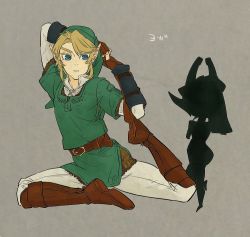 Rule 34 | 1boy, 1girl, bad id, bad pixiv id, belt, blonde hair, blue eyes, boots, earrings, fingerless gloves, flexible, gloves, grey background, hat, jewelry, link, looking at another, midna, nintendo, parted lips, pointy ears, ponytail, shadow, stretching, the legend of zelda, the legend of zelda: twilight princess, tobacco (tabakokobata), yoga