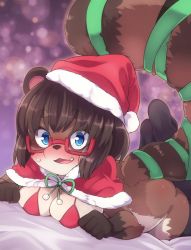 Rule 34 | 1girl, blue eyes, brown hair, christmas, furry, furry female, hat, highres, open mouth, raccoon, santa hat, solo, yuuki (yuyuki000)